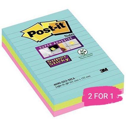 Post-it Super Sticky Notes, 101x152mm, Ruled, Miami Assorted, Pack of 3 x 90 Notes, Buy 1 Pack Get 1 Free