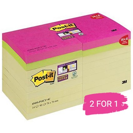 Post-it Super Sticky Notes, 76x76mm, Yellow, Pack of 14 + 4 Colour Pads, Buy 1 Pack Get 1 Free