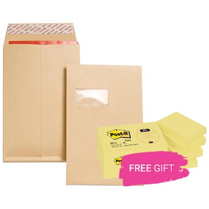 New Guardian C4 Gusset Envelopes with Window, 25mm Gusset, 130gsm, Peel & Seal, Manilla, Pack of 100, Buy 1 Pack Get Post-it Note 12 Pack Free