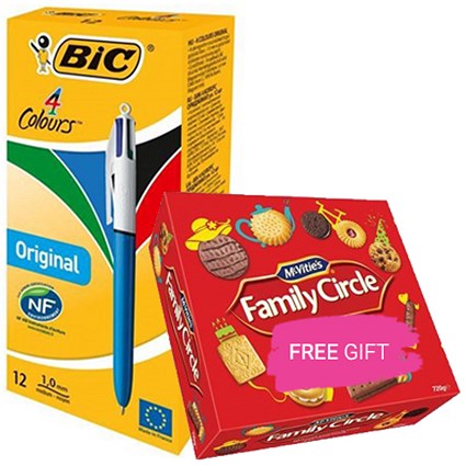 Bic 4-Colour Ball Pen, Blue Black Red Green, Pack of 12, Buy 1 Pack Get Free McVities Family Circle Biscuits