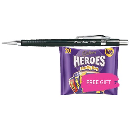 Pentel P205 Mechanical Pencil with eraser, Steel-lined, Pack of 12, Buy 1 Pack Get a Free Cadbury Heroes Family Bag