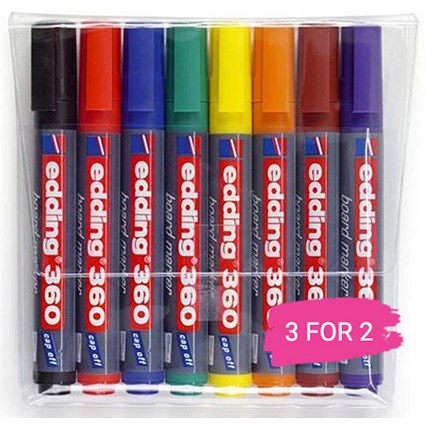 Edding 360 Whiteboard Marker, Bullet Tip, Assorted Colours, Pack of 8, Buy 2 Packs Get 1 Free