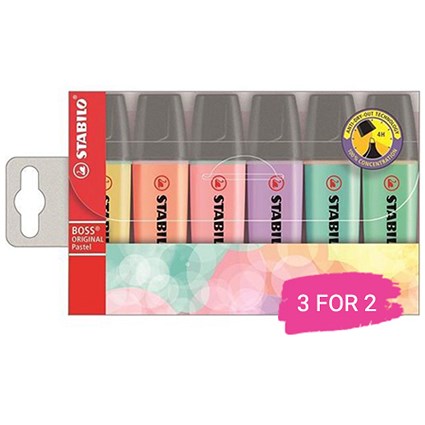 Stabilo Boss Pastel Highlighters, Pastel Assorted Colours, Pack of 6, Buy 2 Packs Get 1 Free