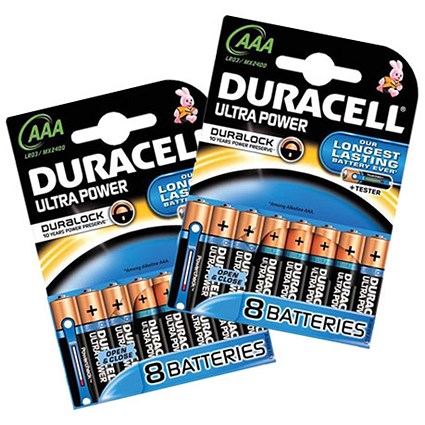 Duracell Ultra Power MX2400 Alkaline Battery, 1.5V, AAA, 2 x Pack of 8