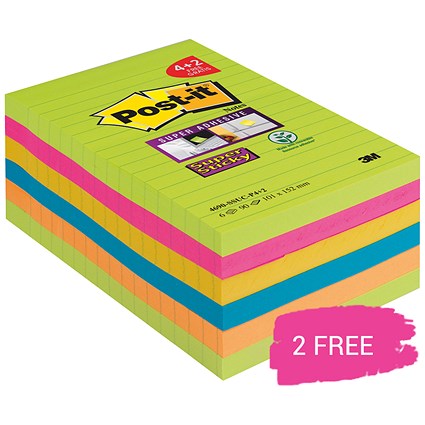 Post-it Super Sticky Notes, 101x152mm, Rainbow, Pack of 4 , Buy a Pack of 4 Get 2 Packs Free