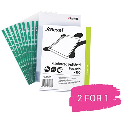Rexel A4 Reinforced Punched Pockets, Green Strip, Pack of 100, Buy 1 Pack Get 1 Free