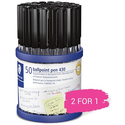 Staedtler 430 Stick Ballpoint Pen, Medium, Black, Pack of 50, Buy 1 Pack Get 1 Pack Free