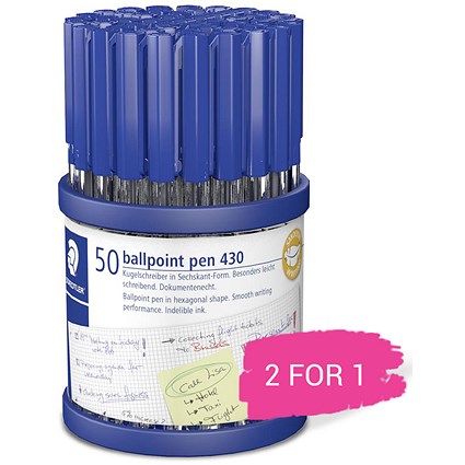 Staedtler 430 Stick Ballpoint Pen, Medium, Blue, Pack of 50, Buy 1 Pack Get 1 Pack Free