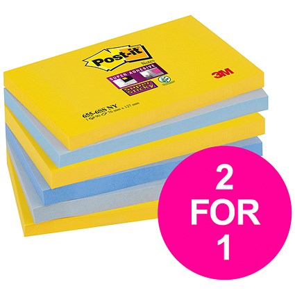 Post-it Super Sticky Notes, 76x127mm, New York Assorted, Pack of 6 x 90 Notes, Buy 1 Pack Get 1 Free