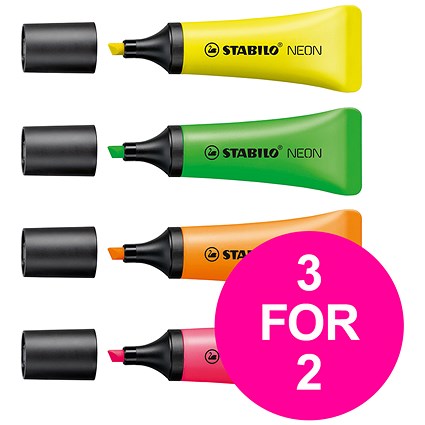 Stabilo Neon Highlighters, Assorted Neon, Pack of 4, Buy 2 Packs Get 1 Free