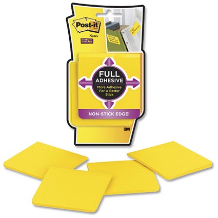 Post-it Super Sticky Full Adhesive Notes / 76x76mm / Yellow / Pack of 4 x 25 Notes