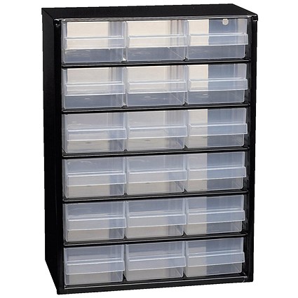 Raaco Steel Cabinet, 18 Polypropylene Drawers, Black