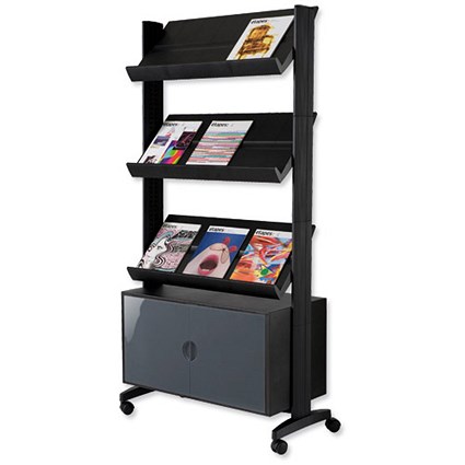 Paperflow Literature Mobile Display with Three Shelves & Cupboard - Black