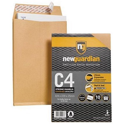 New Guardian Heavyweight C4 Gusset Envelopes / 25mm Gusset / Peel & Seal / Manilla / Pack of 10