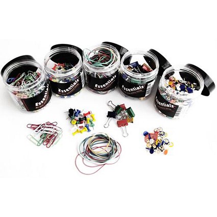 Office Essentials Assorted Pins, Clips and Rubber Bands - Multicolour - 5 Tubs