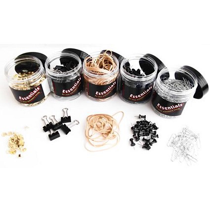 Office Essentials Assorted Pins, Clips and Rubber Bands - 5 Tubs