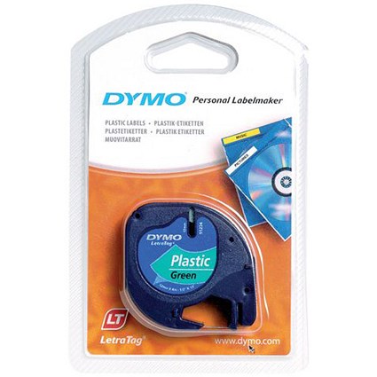 Dymo LetraTag Tape Plastic 12mmx4m Black on Green Ref S071640
