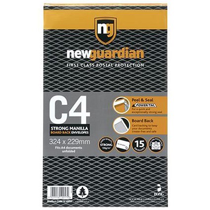 New Guardian C4 Heavyweight Board-backed Envelopes / Peel & Seal / Manilla / Pack of 15