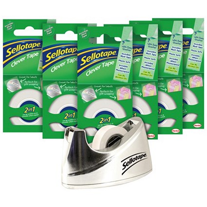 Sellotape Clever Tape + Dispenser / Write On, Copier Friendly, Tearable / 18mmx15m / 6 Rolls