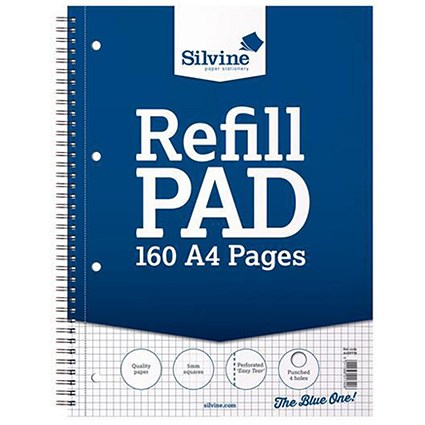Silvine Wirebound Sidebound Quadrille Refill Pad / A4 / Punched & Perforated / 5mm Quadrille / 160 Pages / Pack of 6