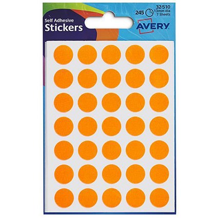 Avery Coloured Labels / 13mm Diameter / Fluorescent Orange / 32-510 / Pack of 245