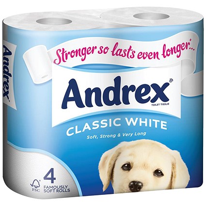 Andrex Classic Toilet Rolls, White, 2-Ply, 200 Sheets per Roll, 1 Pack of 4 Rolls