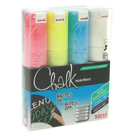 Uni Chalk Marker / Chisel Tip / Assorted Colours / Wallet of 4