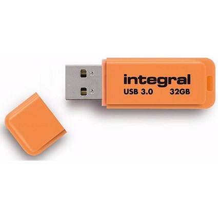 Integral Neon USB 3.0 Flash Drive, 32GB, Orange
