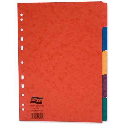 Europa Subject Dividers Pressboard 300gsm Europunched 5 Part A4 Assorted [Pack 25]