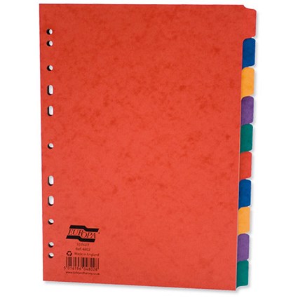 Europa Subject Dividers Pressboard 300gsm Europunched 10 Part A4 Assorted [Pack 10]