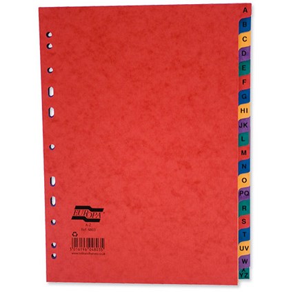 Europa Subject Dividers Pressboard 300gsm Europunched A-Z A4 Assorted [Pack 5]