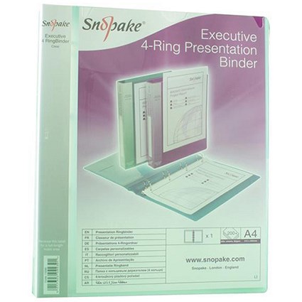 Snopake Executive Presentation Ring Binder / 4 D- Ring / 40mm Spine / 25mm Capacity / A4 / Clear / Pack of 10
