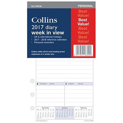 Collins 2017 Personal Diary Refill - Week to View