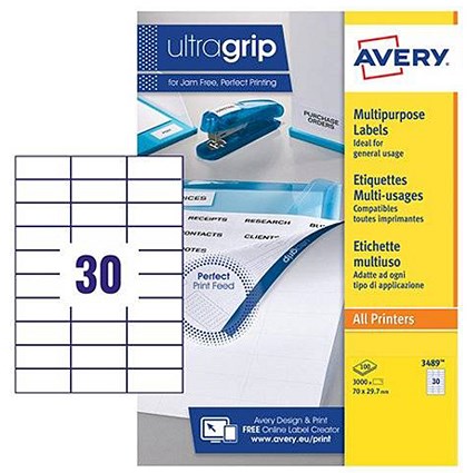 Avery White Multifunctional Labels, 30 per Sheet, 70x30mm, White, 3489, 3000 Labels