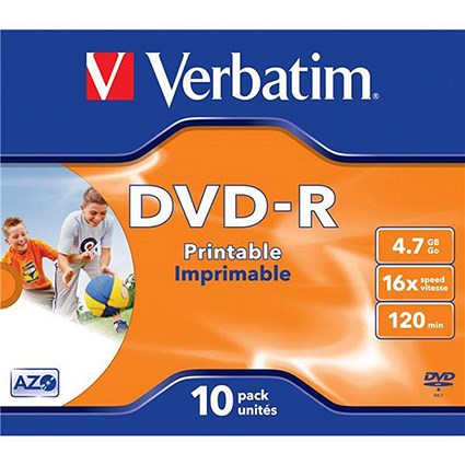 Verbatim DVD-R Recordable Disk Write-once Inkjet Printable Cased 16x 120min 4.7Gb [Pack 10]