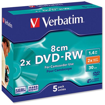Verbatim 8cm DVD-RW for Camera Slim Case Speed 2x Capacity 1.4GB [Pack 5]