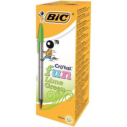 Bic Cristal Fun Ballpoint Pen, Lime Green, Pack of 20