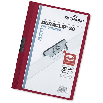 Durable Duraclip Folder PVC Clear Front 3mm Spine for 30 Sheets A4 Aubergine [Pack 25]