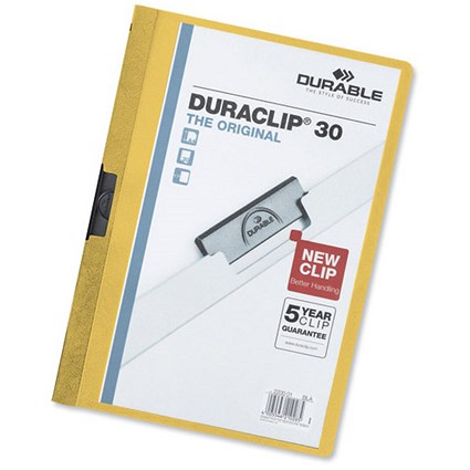 Durable Duraclip Folder PVC Clear Front 3mm Spine for 30 Sheets A4 Yellow [Pack 25]