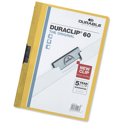 Durable Duraclip Folder PVC Clear Front 6mm Spine for 60 Sheets A4 Yellow [Pack 25]