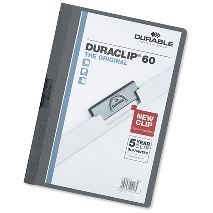 Durable Duraclip Folder PVC Clear Front 6mm Spine for 60 Sheets A4 Anthracite Grey [Pack 25]