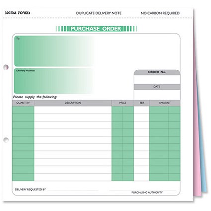 Sigma Purchase Order Business Form - 203mm x 215mm - 3 Part Set - White/Pink/Blue - Pack of 50 -