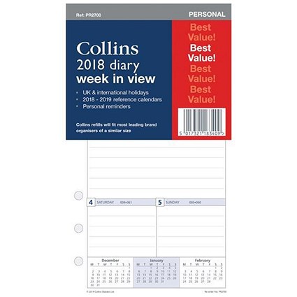 Collins 2018 Diary Refill / Week to View / Personal