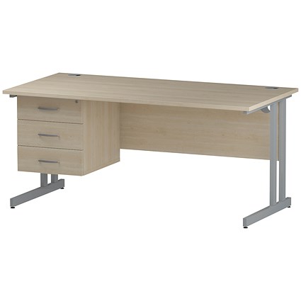 Trexus 1600mm Rectangular Desk, Silver Legs, 3 Drawer Pedestal, Maple