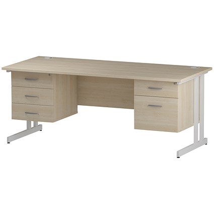 Trexus 1800mm Rectangular Desk, White Legs, 2 Pedestals, Maple