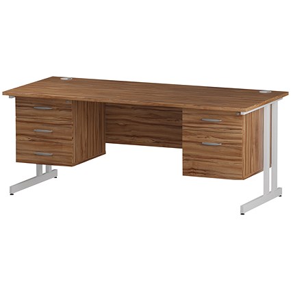 Trexus 1800mm Rectangular Desk, White Legs, 2 Pedestals, Walnut