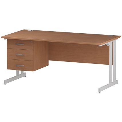 Trexus 1600mm Rectangular Desk, White Legs, 3 Drawer Pedestal, Beech