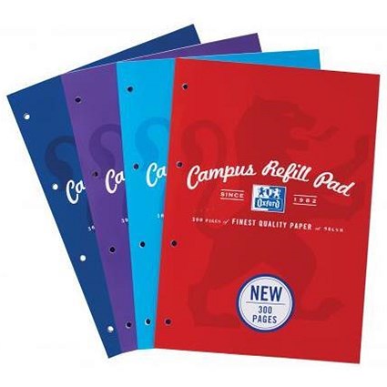 Oxford Campus Refill Pad, A4, Ruled & Margin, 300 Pages, Assorted, Pack of 3