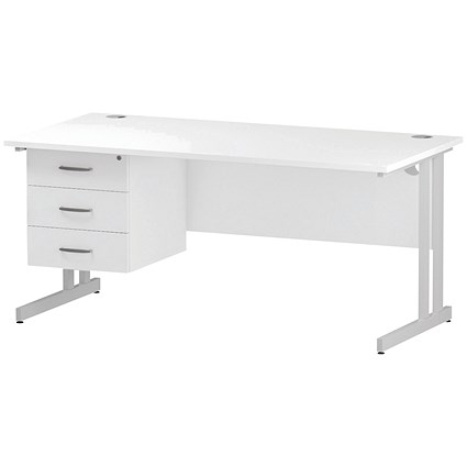 Trexus 1600mm Rectangular Desk, White Legs, 3 Drawer Pedestal, White