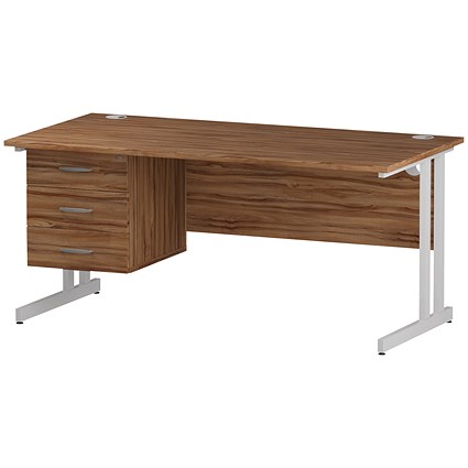 Trexus 1600mm Rectangular Desk, White Legs, 3 Drawer Pedestal, Walnut